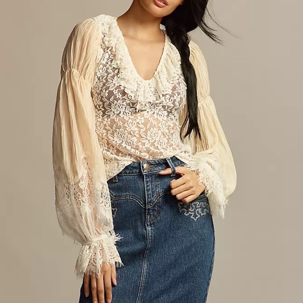 NWT Anthropologie Wide-Sleeve Sheer Lace Boho Long Sleeve Top